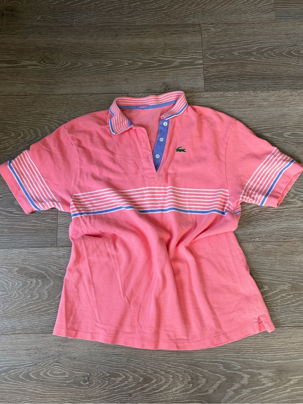 ✨VTG✨Lacoste Coral Pink Polo with Blue-Trim Stripes